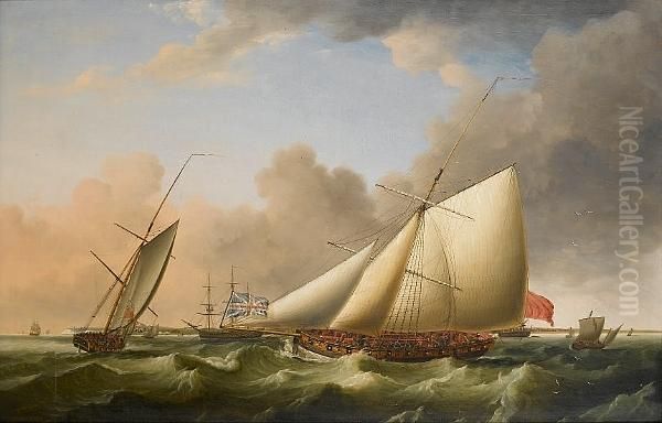 The Revenue Cutter 'greyhound' Patrolling In Two Positions Off Walmer Castle Oil Painting by Thomas Luny