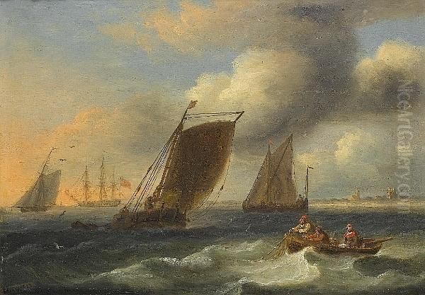 Small Coastal Traders Off Orford, Suffolk, With A Man-o'war Anchored Off The Spit Oil Painting by Thomas Luny