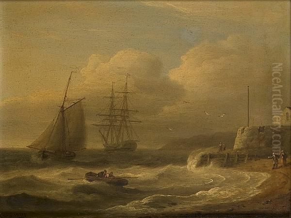 A Cutter Running Past Cowes 
Castle, Isle Of Wight, With An Anchored Brig Off The Mouth Of The Medina
 River Oil Painting by Thomas Luny