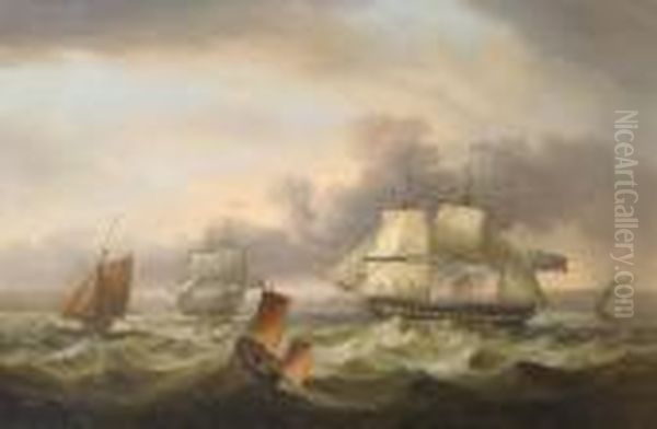 A Frigate Heaving-to For An Approaching Lugger With Other Shipping Nearby Oil Painting by Thomas Luny