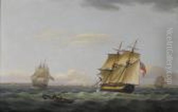 A Merchant Brig Passing Between 
Two Frigates Off The Coast, A Small Boat Off Her Port Beam Oil Painting by Thomas Luny