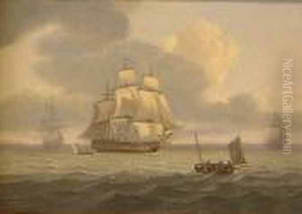 British Ships Of The Line Off The Coast Oil Painting by Thomas Luny