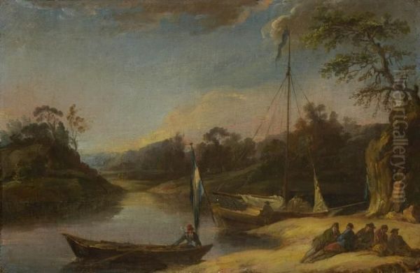 Rastende Fischer In Abendlicher Flusslandschaft. Oil Painting by Thomas Luny