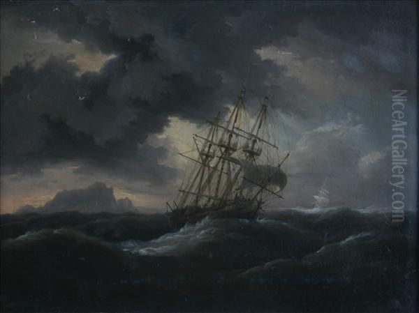 Frigates Caught In Astorm Oil Painting by Thomas Luny