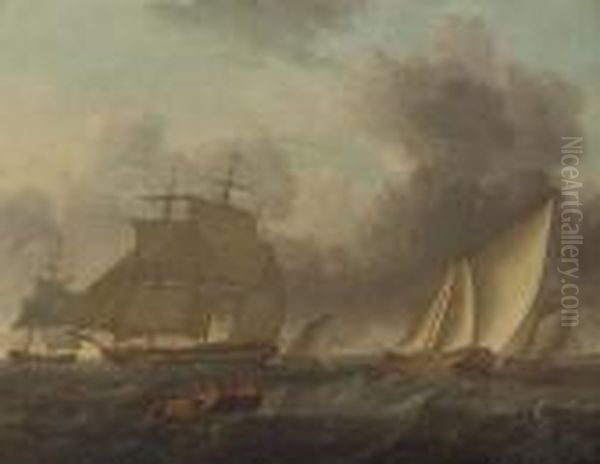 A Frigate Amidst Other Shipping Offshore Oil Painting by Thomas Luny