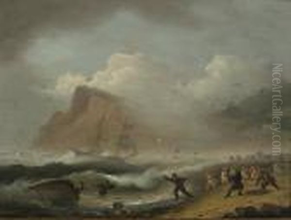 Launching The Lifeboats, A Brig In Distress Entering Teignmouth Harbor Oil Painting by Thomas Luny