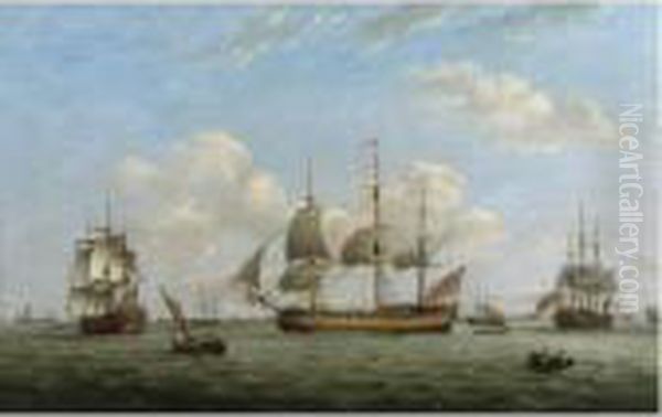 Men-of-war Hms Mariana , Earl Of Chatham And Achilles Off A Coastal Town Oil Painting by Thomas Luny