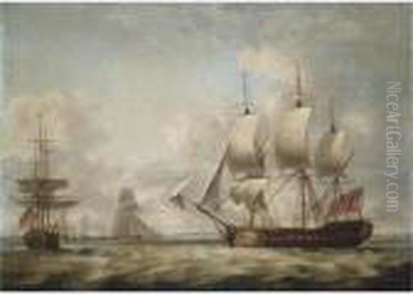 A 32-gun Frigate Taking In Sail And Other Shipping Off The Coast Oil Painting by Thomas Luny