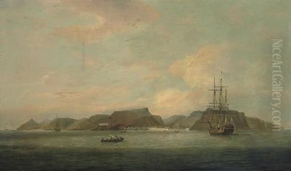 An English Frigate At Anchor Off
 The Island Of St. Helena, With A View Of Jamestown Beyond Oil Painting by Thomas Luny