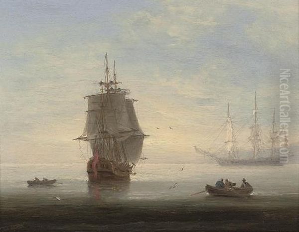 Frigates In An Early Morning Calm, One Making Ready To Put To Sea Oil Painting by Thomas Luny