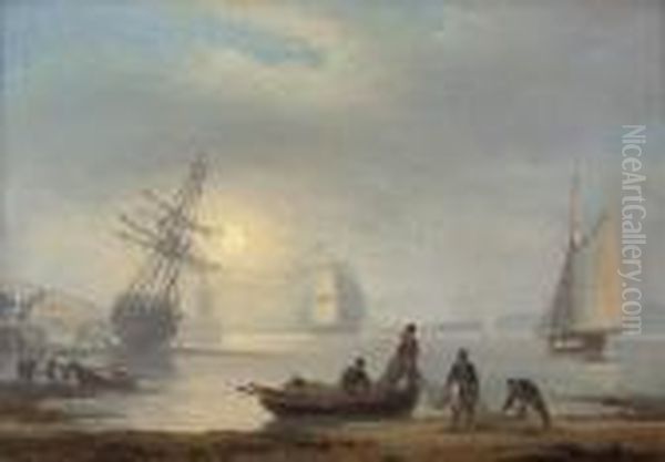 Fishermen Sorting Their Nets On The Foreshore At Teignmouth, At Dusk Oil Painting by Thomas Luny