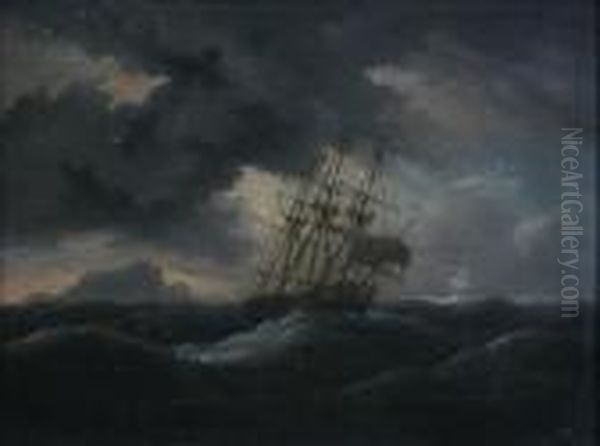 A Three Masted Vesselin A Squal Oil Painting by Thomas Luny