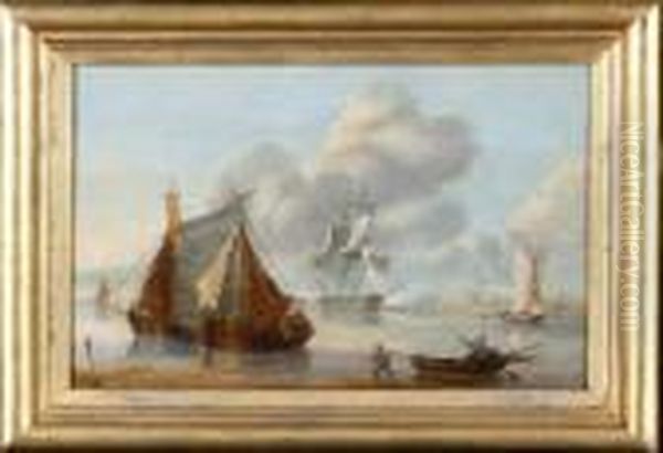 A Dutch Coastal View With 
Sailing Barges In The Foreground And A Frigate In The Middle Distance 
Firing A Time Signal. Oil Painting by Thomas Luny