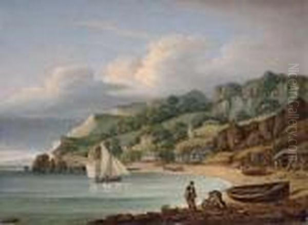 View Of Babbacombe Beach, South Devon, With Fishermen On The Beach Oil Painting by Thomas Luny