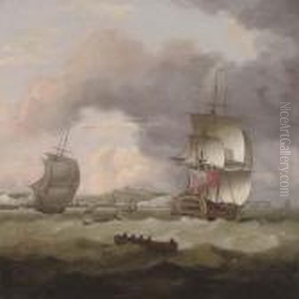 An English Frigate Running Up The Channel With Dover Off To Port Oil Painting by Thomas Luny