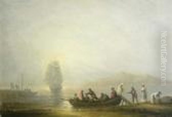 A Party Disembarking On Theshore, A Man-o-war In The Bay Beyond Oil Painting by Thomas Luny