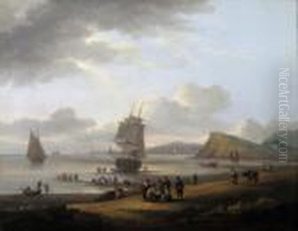 A Devon Estuary With Fishermen Pulling In Nets Oil Painting by Thomas Luny