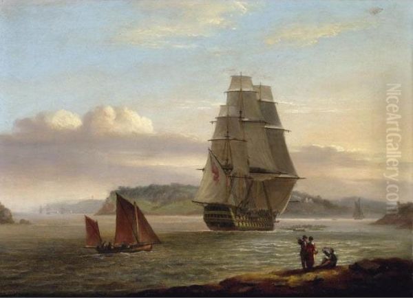 A British Man-of-war Being Towed Down An Estuary Oil Painting by Thomas Luny