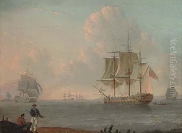 Ships Of The Fleet Off The Coast Oil Painting by Thomas Luny