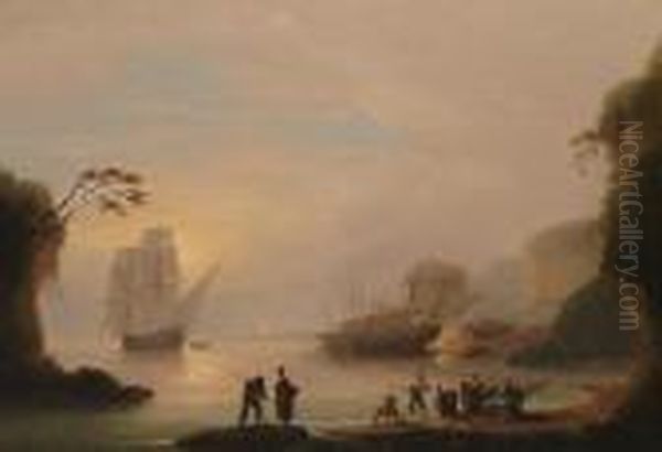 Ships In A Harbour With Fisherfolk In The Foreground. Oil Painting by Thomas Luny