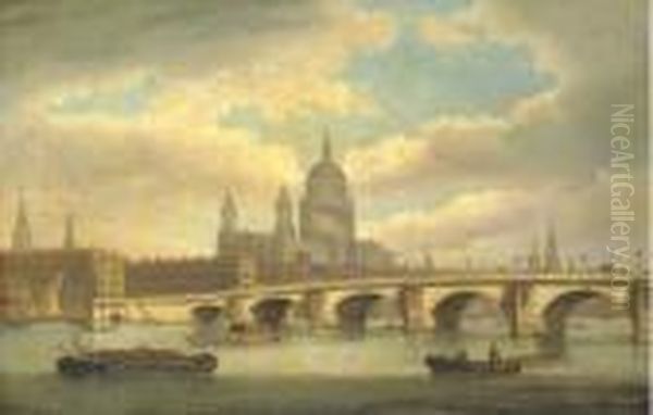 View Of The River Thames With St. Paul's Cathedral And Blackfriarsbridge Oil Painting by Thomas Luny