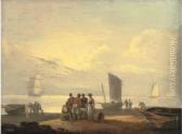 Coastal Scene With Fishermen On A Beach In The Foreground Andsailing Boats Beyond Oil Painting by Thomas Luny