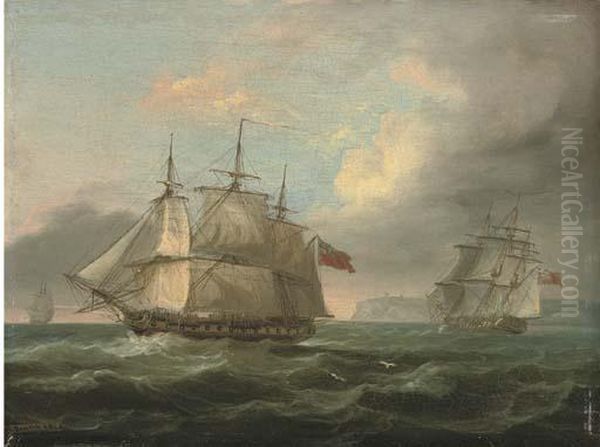 A Man-of-war In Two Positions Off The Coast Oil Painting by Thomas Luny