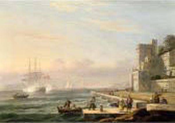 A Mediterranean Harbour Scene Oil Painting by Thomas Luny