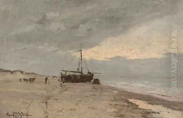 Coucher de soleil sur la plage Oil Painting by Edmond Marie Petitjean