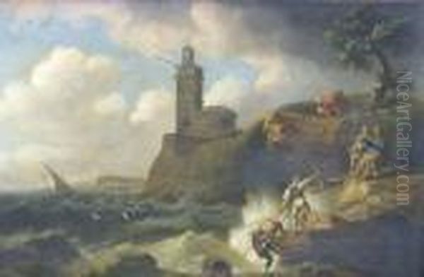 A Cliff Rescue Oil Painting by Thomas Luny