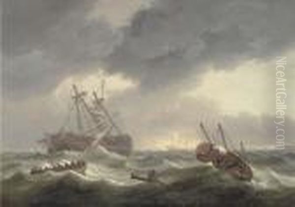 A Dutch Man-o'war In Distress With Boats Coming To The Rescue Oil Painting by Thomas Luny