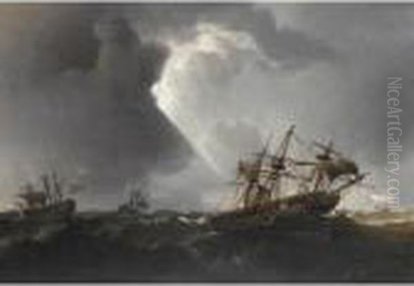 Men O War In Heavy Swell Oil Painting by Thomas Luny