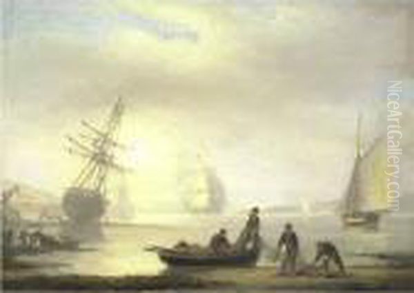 Fishermen In Harbor Oil Painting by Thomas Luny