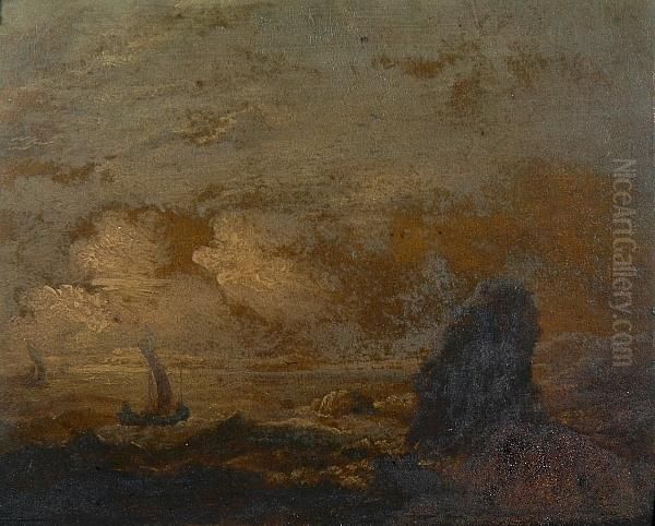 Fishing Vessels Off A Coast Line Oil Painting by Thomas Luny