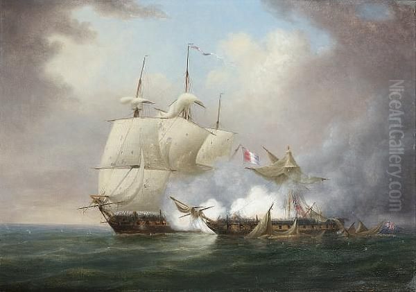 H.m.s. 'iris' Dismasted By The French Frigate 'citoyenne-francaise', 13th. May Oil Painting by Thomas Luny