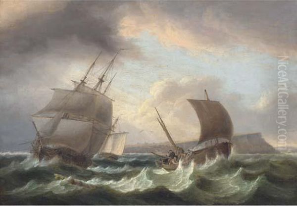 A Frigate Running Out To Sea, With A Cutter Astern Of Her And Afishing Boat Off To Port Oil Painting by Thomas Luny