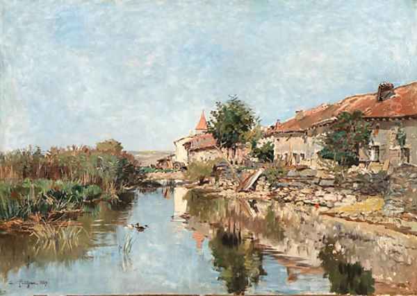 A village by a river Oil Painting by Edmond Marie Petitjean