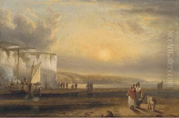 Gossiping On The Foreshore On The Devonshire Coast Oil Painting by Thomas Luny