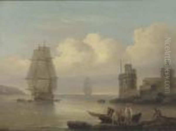 A Frigate Under Tow At The Entrance To Dartmouth Harbour Oil Painting by Thomas Luny