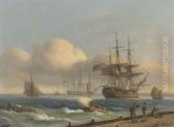 Royal Naval Warships Lying At Anchor In A Stiff Breeze Oil Painting by Thomas Luny