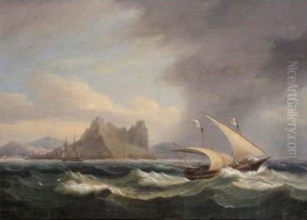 Shipping Off A Mountainous Coast In Stormy Seas Oil Painting by Thomas Luny