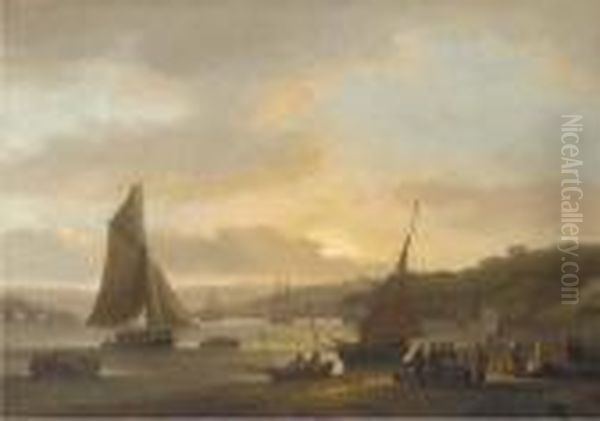 Shipping On The River Dart At Dittisham With Women Selling Fish Inthe Foreground Oil Painting by Thomas Luny