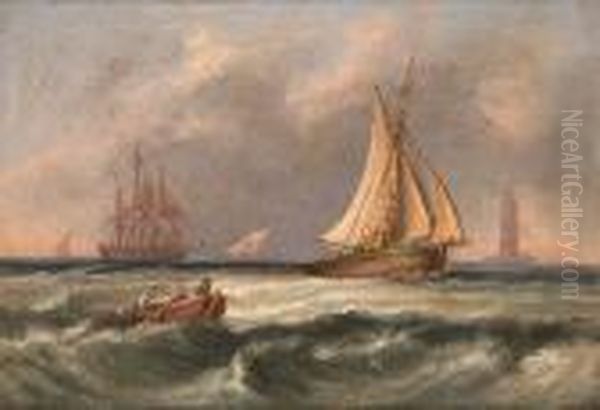 Vessels Off A Lighthouse Oil Painting by Thomas Luny