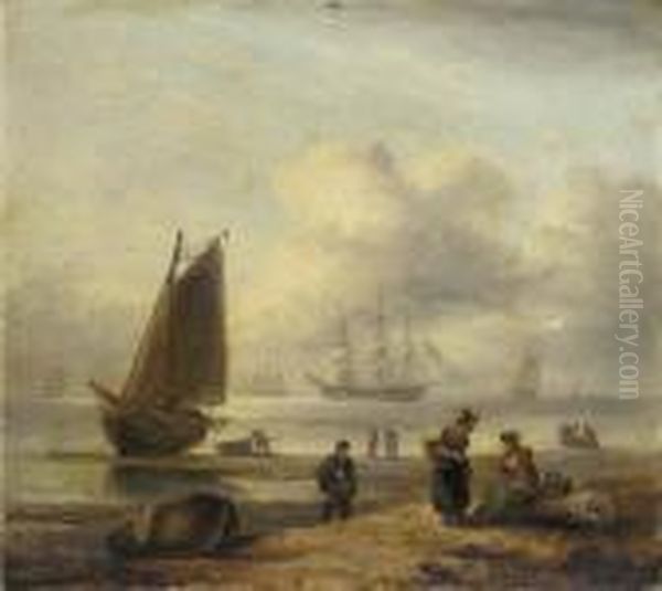 Fisherfolk On The Devonshire Coast With Warships Beyond Oil Painting by Thomas Luny