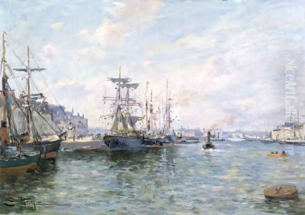 Ships in a Port Oil Painting by Edmond Marie Petitjean