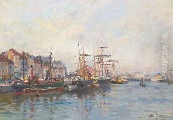 Vue d'un port Oil Painting by Edmond Marie Petitjean