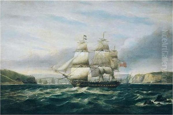 A British Frigate Off Torbay Oil Painting by Thomas Luny