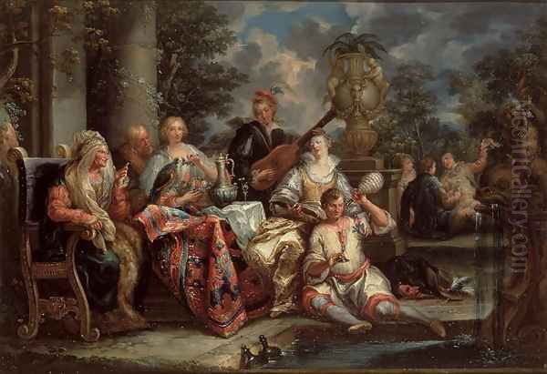 A Musical Interlude on a Patio Oil Painting by Johann Georg Platzer