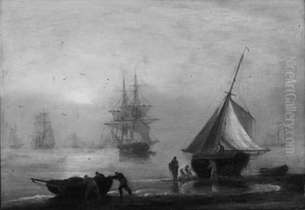 Fishermen Busy On The Beach At Dusk Oil Painting by Thomas Luny