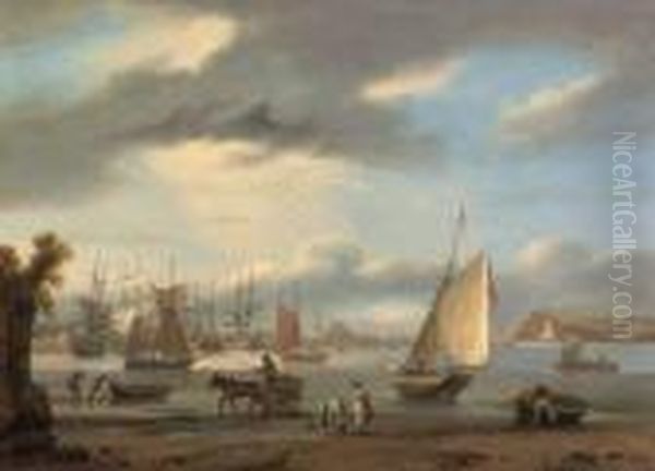 A View Of Teignmouth, Devon With Shipping And Fisherfolk Oil Painting by Thomas Luny